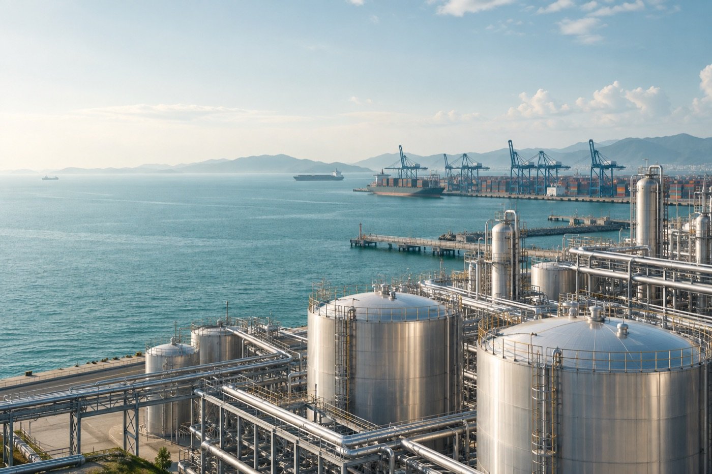 Concept illustration of chemical storage and an international shipping port
